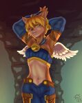  absurd_res anthro arms_above_head bell blonde_hair brown_body brown_fur cave claws clothing daena domestic_cat ear_piercing ear_ring felid feline felis female fur green_eyes hair hi_res legend_of_mana mammal mana_(series) midriff navel piercing pupils ring_piercing sacrificabominat sleeves slit_pupils solo square_enix topwear tube_top wings 