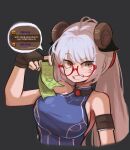  1girl antenna_hair armband bare_shoulders black_background blue_shirt brown_eyes character_request dungeon_and_fighter highres holding holding_money horns hwaryeok long_hair money red-framed_eyewear shirt sleeveless sleeveless_shirt smile solo teeth twintails upper_body white_hair 