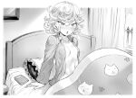  1girl :o bedroom blanket blush breasts collarbone curly_hair curtains mogudan navel nose_blush notebook on_bed one-punch_man pajamas pillow short_hair small_breasts solo tatsumaki window 