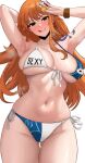  1girl :q absurdres armpits arms_up ass_visible_through_thighs bikini blush breasts brown_eyes coin earrings edmun6969 groin highres holding holding_coin jewelry large_breasts log_pose nami_(one_piece) navel one_piece orange_hair pearl_earrings shoulder_tattoo solo stomach swimsuit tattoo thigh_gap tongue tongue_out two-tone_bikini 