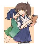  2girls black_thighhighs blue_hair blue_hakama blush book brown_hair closed_eyes green_hakama hair_ribbon hakama hakama_skirt holding holding_book ina_(1813576) japanese_clothes kaga_(kancolle) kantai_collection multiple_girls open_mouth ribbon side_ponytail skirt souryuu_(kancolle) sweat tasuki thighhighs twintails white_ribbon wide_sleeves yellow_eyes 