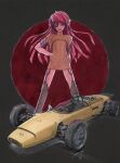  1girl arm_behind_back black_thighhighs brown_shirt car eyepatch floating_hair formula_one formula_racer garter_straps hi_fumiyo highres honda honda_ra270 long_hair motor_vehicle one_eye_covered open_mouth original personification race_vehicle racecar red_hair shadow shirt signature smile solo thighhighs traditional_media vehicle_and_personification vehicle_focus very_long_hair 