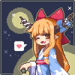  1girl blue_bow blue_kimono blush bow cup fang hair_bow heart holding holding_cup horn_bow horn_ornament horns ibuki_suika japanese_clothes kimono kumamoto_(bbtonhk2) long_hair lowres obi one_eye_closed oni_horns open_mouth orange_eyes orange_hair pixel_art pointy_ears red_bow sash sidelocks smile solo spoken_heart touhou 