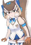  1girl animal_ears brown_eyes brown_hair chipmunk_ears chipmunk_girl chipmunk_tail extra_ears gloves kemono_friends kemono_friends_v_project kneehighs looking_at_viewer microphone multicolored_hair ribbon shirt short_hair shorts siberian_chipmunk_(kemono_friends) simple_background socks solo tail two-tone_hair vest virtual_youtuber wellwich white_hair 