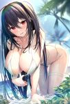  1girl all_fours azur_lane bikini bikini_pull black_hair blurry blurry_background blush breasts cleavage clothes_pull collarbone commentary crossed_bangs day hair_between_eyes highres hukairi_botan large_breasts long_hair looking_at_viewer ocean open_mouth outdoors palm_tree red_eyes side-tie_bikini_bottom smile solo swimsuit taihou_(azur_lane) teeth tree upper_teeth_only very_long_hair wet white_bikini 