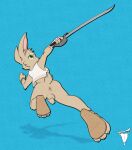 2022 action_pose anthro anus backsack balls bat bead_bracelet blue_background bmbrigand butt cheek_tuft claws clothed clothing cutlass facial_tuft flaccid footwear full-length_portrait genitals green_eyes grey_claws hi_res holding_object holding_sword holding_weapon jumping long-eared_bat looking_up male mammal melee_weapon penis plantigrade portrait pose rear_view sandals shadow short_tail simple_background solo sword tail textured topwear tuft turo_of_akesh vest weapon wingless_bat wraps wrist_wraps 