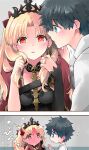  1boy 1girl azumi_(myameco) black_hair blonde_hair cape commentary_request earrings ereshkigal_(fate) fate/grand_order fate_(series) fujimaru_ritsuka_(female) heart heart-shaped_pupils jewelry long_hair looking_at_another looking_at_viewer red_cape red_eyes symbol-shaped_pupils tiara 