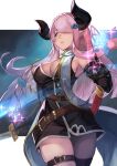  1girl armpits belt blue_eyes breasts cowboy_shot draph elbow_gloves gloves granblue_fantasy granblue_fantasy_versus hair_over_one_eye hinoru_saikusa holding holding_sword holding_weapon horns katana large_breasts long_hair looking_at_viewer narmaya_(granblue_fantasy) pink_hair pointy_ears single_thighhigh solo sword thigh_strap thighhighs weapon 