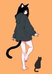  1girl :o animal_ear_fluff animal_ears bare_legs barefoot black_cat black_eyes black_hair blush blush_stickers bottomless bright_pupils cat cat_ears cat_girl cat_tail dot_nose feet from_behind full_body grey_hoodie highres hood hoodie legs looking_back megateru no_pants nose_blush notice_lines orange_background original oversized_clothes soles standing standing_on_one_leg tail toes white_pupils 