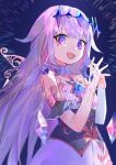  1girl :d absurdres crystal dress grey_hair highres hololive hololive_english jewelry koseki_bijou kouhiipan long_hair looking_at_viewer open_mouth own_hands_clasped own_hands_together purple_eyes simple_background smile solo virtual_youtuber white_dress wings 