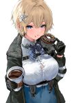  1girl absurdres belt black_gloves black_jacket blonde_hair blue_eyes blue_skirt bow bowtie breasts button_gap coffee collared_shirt commentary doughnut duplicate eating food girls&#039;_frontline gloves hair_between_eyes hair_ornament highres holding jacket large_breasts looking_at_viewer maria_(syake-uni) mole mole_under_eye pixel-perfect_duplicate shirt short_hair sidelocks skirt snowflake_hair_ornament solo taut_clothes taut_skirt thigh_pouch vsk-94_(girls&#039;_frontline) white_shirt 