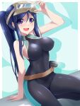  1girl blue_hair blush bodysuit breasts bunji diving_mask diving_mask_on_head diving_suit genjitsu_no_yohane goggles goggles_on_head high_ponytail highres large_breasts long_hair looking_at_viewer love_live! love_live!_sunshine!! matsuura_kanan open_mouth ponytail purple_eyes skin_tight solo wetsuit 