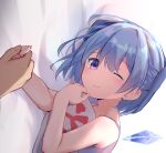  1girl ;) alternate_costume bare_arms bare_shoulders bed_sheet blue_eyes blue_hair blue_shirt blush cirno commentary_request cowboy_shot holding holding_hands holding_pillow ice ice_wings imoutochiru looking_at_viewer lying on_side one_eye_closed pillow pov shirt short_hair simple_background sleeveless sleeveless_shirt smile solo_focus touhou white_background wings yes yes-no_pillow 