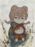  1girl :| absurdres animal animal_ears bear_ears bear_girl black_eyes blue_hoodie braid brown_hair cat ciel_(paradis47) closed_mouth expressionless faux_traditional_media hair_between_eyes highres holding holding_animal holding_cat hood hood_down hoodie long_hair looking_at_viewer no_pupils original raised_eyebrows red_shawl shawl sidelocks solo twin_braids upper_body 