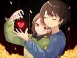  2others androgynous brown_hair chara_(undertale) closed_eyes closed_mouth collared_shirt falling_petals flower frisk_(undertale) green_sweater heart leaning_on_person multiple_others nano_mochi pale_skin petals red_eyes shirt short_hair side-by-side string striped striped_shirt striped_sweater sweater thread undertale yellow_flower yellow_leaves 