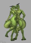  abs absurd_res acupa anthro blue_eyes duo female genitals green_body hi_res male male/female muscular nipples penis standing tagme tail 