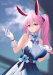  1girl :o absurdres animal_ear_fluff animal_ears bare_shoulders blue_dress blurry blurry_background breasts commentary_request dated depth_of_field diaoyidimaomao dress gloves hair_between_eyes hair_ornament hands_up highres honkai_(series) honkai_impact_3rd large_breasts long_hair parted_lips pink_hair ponytail purple_eyes sleeveless sleeveless_dress solo star_(symbol) star_hair_ornament white_gloves yae_sakura 