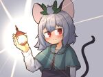  1girl absurdres animal_ears animal_on_head bishamonten&#039;s_pagoda blush closed_mouth commentary_request glowing greenpiecerice grey_background grey_hair grey_vest hair_between_eyes highres holding leaf leaf_on_head long_sleeves looking_at_viewer medium_bangs mouse mouse_ears mouse_girl mouse_tail nazrin on_head red_eyes ribbon-trimmed_capelet shirt short_hair smile solo tail touhou upper_body v-shaped_eyebrows vest white_shirt 