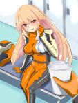  1girl 1other bench blonde_hair blurry bodysuit breasts brooklyn_(kancolle) commentary_request cosplay depth_of_field english_commentary feet_out_of_frame gloves gundam gundam_seed headwear_removed helmet helmet_removed highres impossible_clothes kantai_collection large_breasts locker long_hair mixed-language_commentary orange_bodysuit orange_gloves pilot_suit red_eyes solo_focus timosan towel tumbler 