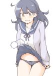  1girl 1other ahoge akara_kai black_hair black_panties blue_neckerchief blue_sailor_collar blue_skirt brown_eyes cardigan commentary_request commission disembodied_limb highres kantai_collection long_hair neckerchief panties pleated_skirt purple_cardigan sailor_collar school_uniform serafuku skirt underwear ushio_(kancolle) 