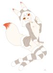  1nfernalcat absurd_res anthro breasts canid canine clothed clothing female fox hair hi_res hoodie inner_ear_fluff legwear looking_at_viewer lying mammal on_side partially_clothed red_eyes simple_background solo stockings tail topwear tuft white_background white_body white_hair young 