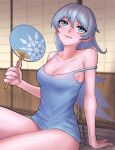  artist_name bare_legs blue_camisole blue_eyes breasts camisole hand_fan hand_on_floor highres long_hair loose_clothes medium_breasts rwby scar scar_across_eye snowflake_print sweat thighs weiss_schnee white_hair 