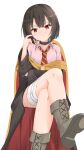  1girl arm_under_breasts bandaged_leg bandages black_choker black_cloak black_hair blunt_bangs boots child_on_child choker cloak collared_shirt commentary_request crossed_legs double-parted_bangs eyelashes feet_out_of_frame flat_chest foreshortening grey_footwear hand_up head_tilt highres kono_subarashii_sekai_ni_bakuen_wo! kono_subarashii_sekai_ni_shukufuku_wo! long_sleeves looking_at_viewer megumin necktie no_headwear parted_lips partial_commentary pink_shirt red_eyes shirt short_hair simple_background sitting solo straight-on striped_necktie tamaguu thighs v-shaped_eyebrows white_background wide_sleeves 