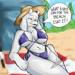  absurd_res anthro beach big_breasts bikini bovid breasts caprine clothing english_text eyes_closed female goat hat headgear headwear hi_res mammal seaside sitting smile solo speech_bubble sun_hat swimwear text tomaruchi toriel undertale_(series) 