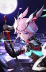  1girl absurdres animal_ears black_bodysuit bodysuit city city_lights closed_mouth fox_ears glowing hair_ornament highres holding holding_sword holding_weapon honkai_(series) honkai_impact_3rd katana long_hair looking_at_viewer moon night night_sky ninja outdoors sky solo sword weapon yae_kasumi yae_sakura yae_sakura_(darkbolt_jonin) ziluolan_jia_de_mao 