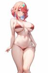  1girl bikini bikini_pull blush breasts clothes_pull dakkalot dangle_earrings earrings english_commentary headpiece jewelry large_breasts looking_at_viewer micro_bikini navel pyra_(xenoblade) red_bikini red_eyes red_hair short_hair simple_background smile solo standing swept_bangs swimsuit tiara white_background xenoblade_chronicles_(series) xenoblade_chronicles_2 