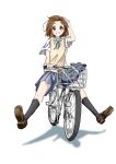  1girl bicycle bicycle_basket blue_skirt brown_eyes brown_hair highres hirasawa_yui jacket k-on! legs_apart riding riding_bicycle sakuragaoka_high_school_uniform school_uniform shirt sketch skirt smile solo teto_kuroneko white_background white_shirt yellow_jacket 