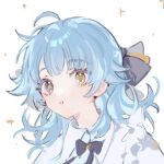  1girl ahoge blue_bow blue_bowtie blue_eyes blue_hair bow bowtie hair_bow heterochromia ichisaku long_hair open_mouth original solo yellow_eyes 