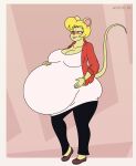  2023 anthro belly big_belly big_breasts blonde_hair blush bottomwear bracelet breasts clothed clothing digital_media_(artwork) dress female footwear green_eyes hair hands_on_belly hi_res jacket jewelry mammal mouse murid murine pants pregnant rodent satsumalord shoes solo tanya_(satsumalord) topwear 