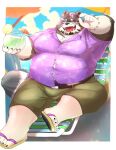  2023 anthro bottomwear bulge clothing eyewear footwear hi_res humanoid_hands kemono lifewonders live_a_hero male mammal overweight overweight_male procyonid raccoon sandals shirt shorts sitting solo sunglasses topwear viscunam yamacon0105 