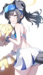  1girl aimo_wotku animal_ears black_hair blue_archive blue_eyes blush breasts cowboy_shot dog_ears dog_tail eyewear_on_head facial_mark halo hibiki_(blue_archive) hibiki_(cheer_squad)_(blue_archive) highres holding holding_pom_poms long_hair medium_breasts millennium_cheerleader_outfit_(blue_archive) official_alternate_costume open_mouth pleated_skirt pom_pom_(cheerleading) safety_glasses skirt solo star_(symbol) tail white_skirt yellow_halo 