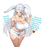  1girl alternate_race animal_ears blue_eyes breasts cleavage crop_top english_text final_fantasy final_fantasy_xiv jamjamstyle large_breasts legs_together looking_at_viewer rabbit_ears short_shorts shorts smile solo steaming_body sweat tank_top venat_(ff14) viera white_shorts 
