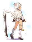  1girl animal_ears ass ball_and_chain_(weapon) blue_eyes body_markings boots cat_ears cat_girl cat_tail closed_mouth commentary cougar_(cougar1404) cut_cat full_body heel_up jacket knee_boots light_frown long_hair long_sleeves looking_at_viewer panties prototype_design ribbed_panties shadow silui_(cut_cat) solo standing sword tail tan thigh_strap tiger_stripes underwear weapon white_footwear white_hair white_jacket white_panties 