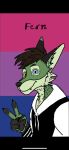  absurd_res anonymous_artist anthro bisexual_pride_colors brown_hair canid canine fern fox fur gesture green_body green_fur hair heterochromia hi_res inner_ear_fluff lgbt_pride looking_at_viewer male mammal pride_colors smile smiling_at_viewer solo sweatshirt tuft v_sign 