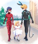  1boy 2girls adrien_agreste animal_ears black_bodysuit blonde_hair blue_eyes blue_hair bodysuit breasts cat_boy cat_ears chat_noir child domino_mask dress ladybug_(character) long_hair marinette_dupain-cheng mask miraculous_ladybug multiple_girls open_mouth polka_dot rabbit_ears smile superhero tomm0515 twintails white_dress 