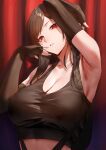  1girl absurdres bare_shoulders black_sports_bra blush breasts brown_hair cleavage collarbone final_fantasy final_fantasy_vii highres large_breasts long_hair looking_at_viewer navel red_eyes rororo solo sports_bra tifa_lockhart 