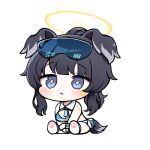  1girl animal_ears bare_shoulders black_hair blue_archive blue_eyes blush breasts cheerleader chibi closed_mouth crop_top dog_ears dog_girl dog_tail goggles goggles_on_head halo hibiki_(blue_archive) hibiki_(cheer_squad)_(blue_archive) long_hair looking_at_viewer millennium_cheerleader_outfit_(blue_archive) official_alternate_costume paw_print simple_background skirt solo star_sticker sticker_on_arm sticker_on_face sunglasses tail white_background yukki_bunny 