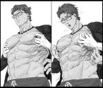  123456dyom 3boys abs absurdres bara bare_pectorals blush closed_mouth fate/grand_order fate_(series) glasses greyscale groping highres jewelry lancelot_(fate/grand_order) large_pectorals male_focus male_swimwear monochrome multiple_boys muscular muscular_male navel necklace nipple_tweak nipples official_alternate_costume open_clothes open_mouth open_shirt pectorals shirt short_hair yaoi 