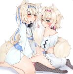  2girls :&lt; absurdres animal_ear_fluff animal_ears artist_name ass bandaid_hair_ornament belt belt_collar black_collar blonde_hair blue_belt blue_hair blue_hairband blush center_frills chain chain_leash cleavage_cutout clothing_cutout collar commentary dog_ears dog_girl dog_tail dot_nose dress english_commentary fishnet_socks fishnets frilled_shorts frills from_behind fuwawa_abyssgard hair_ornament hairband hairclip highres hololive hololive_english keisea leash long_sleeves looking_at_viewer looking_back midriff mococo_abyssgard multicolored_hair multiple_girls off_shoulder pink_eyes pink_hair puffy_long_sleeves puffy_sleeves shirt short_hair short_shorts shorts siblings simple_background single_off_shoulder sitting socks streaked_hair tail tearing_up twins twitter_username wariza white_background white_dress white_shirt white_shorts 