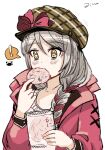  1girl braid eating fire_emblem fire_emblem_engage food framme_(fire_emblem) grey_hair hat hat_ribbon highres holding holding_food jin_noumi long_hair long_sleeves ribbon sketch solo sparkle sparkling_eyes white_background yellow_eyes 