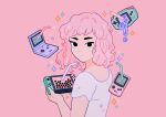  1girl absurdres bendy_straw black_eyes bubble_tea crescent drink drinking_straw from_behind game_boy game_boy_advance game_boy_advance_sp game_boy_color game_console handheld_game_console highres holding liquid looking_at_viewer looking_back medium_hair meyoco nintendo nintendo_switch original pink_background pink_hair pun shirt short_sleeves simple_background solo sparkle star_(symbol) upper_body white_shirt 