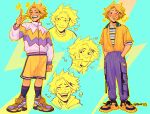  1boy alternate_costume blonde_hair blue_background blush boku_no_hero_academia closed_eyes closed_mouth commentary english_commentary habkart hands_in_pockets heart highres jacket jewelry kaminari_denki long_sleeves looking_at_viewer male_focus multiple_views necklace open_mouth pants purple_footwear purple_pants purple_socks shirt shoes short_hair short_sleeves shorts signature simple_background smile sneakers socks standing teeth tongue tongue_out yellow_footwear yellow_shirt yellow_shorts 