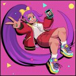  1:1 2023 absurd_res black_border border breasts clothing ear_piercing ear_ring female footwear genie hair headphones hi_res humanoid humanoid_pointy_ears long_hair ninelean not_furry piercing ponytail portable_music_player purple_hair ring_piercing shantae shantae_(series) solo wayforward 