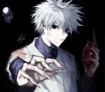  1boy absurdres black_background blood blood_on_clothes blood_on_face blood_on_hands child heart heart_(organ) highres holding holding_heart hunter_x_hunter killua_zoldyck layered_sleeves long_sleeves looking_at_viewer male_child male_focus shirt short_hair short_over_long_sleeves short_sleeves signature solo upper_body white_hair white_shirt yuki_flourish 