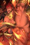  1boy abs anus ass bara bellsaltr biceps cape chest_tattoo clenched_hand fangs fighting_stance flaccid high_kick highres horns ifrit_(housamo) kicking large_pectorals loincloth looking_at_viewer male_focus manly mature_male muscular muscular_male nipples no_male_underwear open_mouth pectorals penis red_eyes red_hair short_hair solo spiked_hair tattoo teeth testicles thick_eyebrows thick_thighs thighs tokyo_afterschool_summoners veins yaoi 