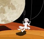  1girl ashi_izumo barefoot bright_pupils closed_mouth commentary dress expressionless full_moon hands_up highres moon night night_sky original outdoors purple_eyes shadow short_hair sitting sky solo swing swinging white_dress white_pupils wide_shot 